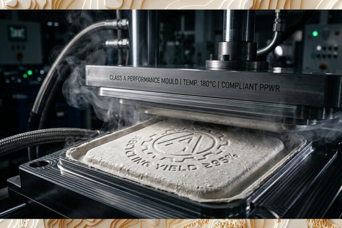 Premium molded cellulose pulp packaging showcasing Class A recycling performance under PPWR regulations.